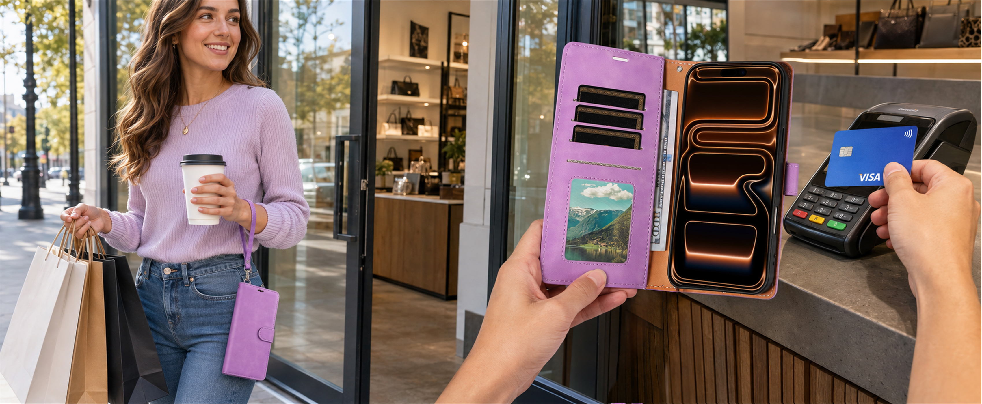 Purple wallet phone case used for shopping and contactless checkout