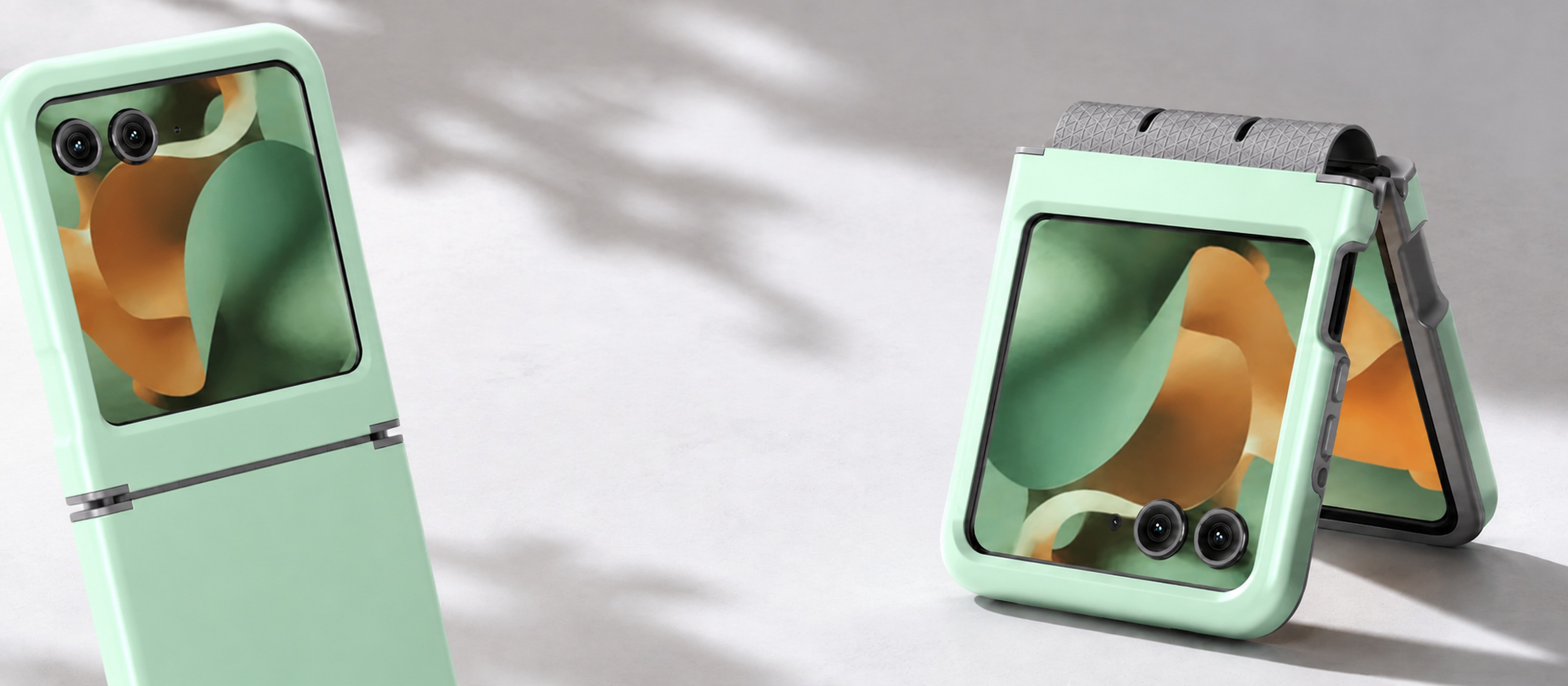 Mint and sage phone cases shown in soft-touch everyday settings
