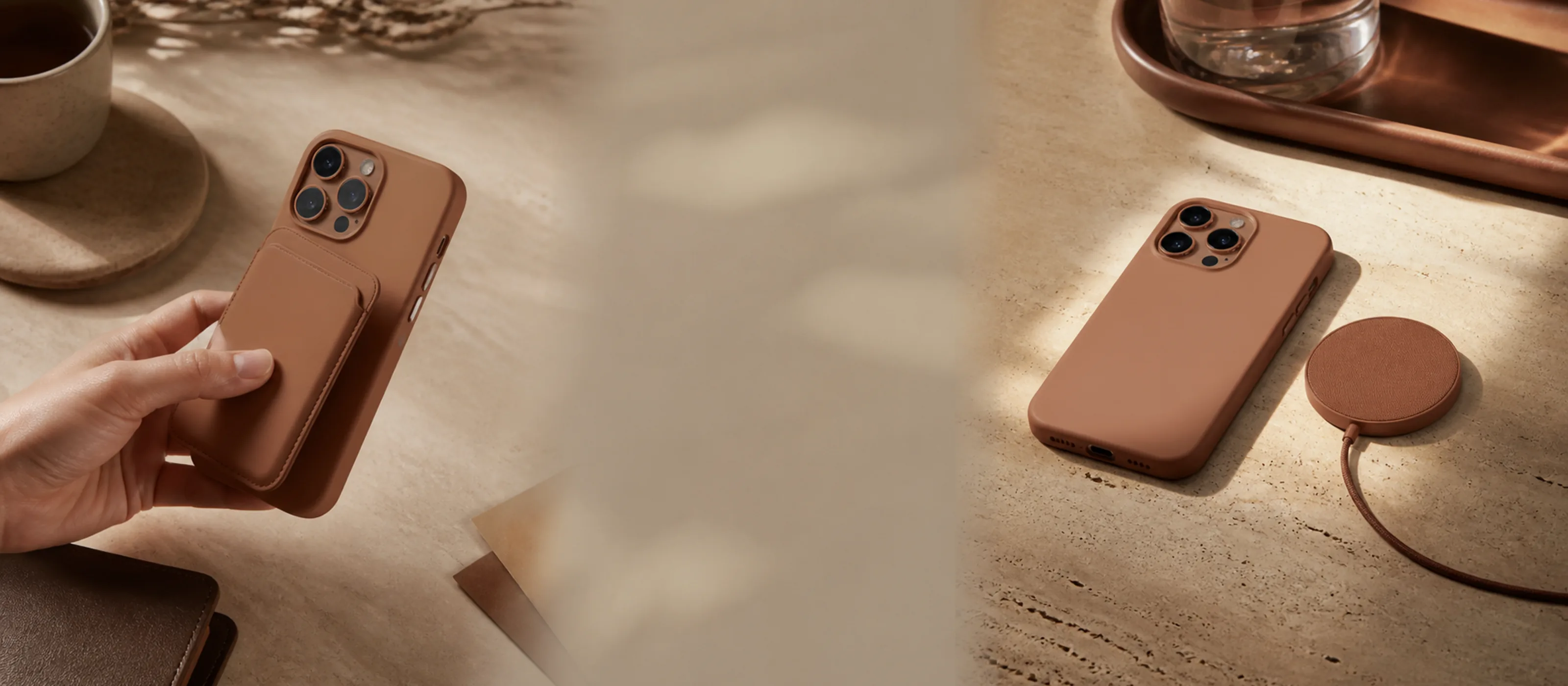 Warm clay magnetic phone case with a detachable card wallet and charger