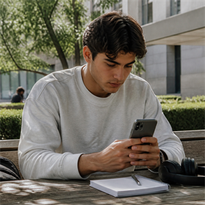 Student using a phone in a protective case beside a notebook and headphones