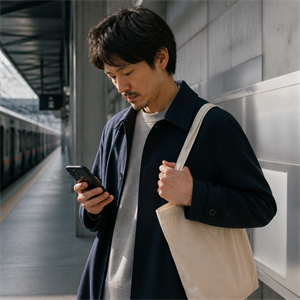 Commuter checking a phone in a protective case at a modern train station