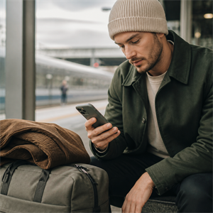 Traveler checking a protected phone beside a compact bag at a railway platform