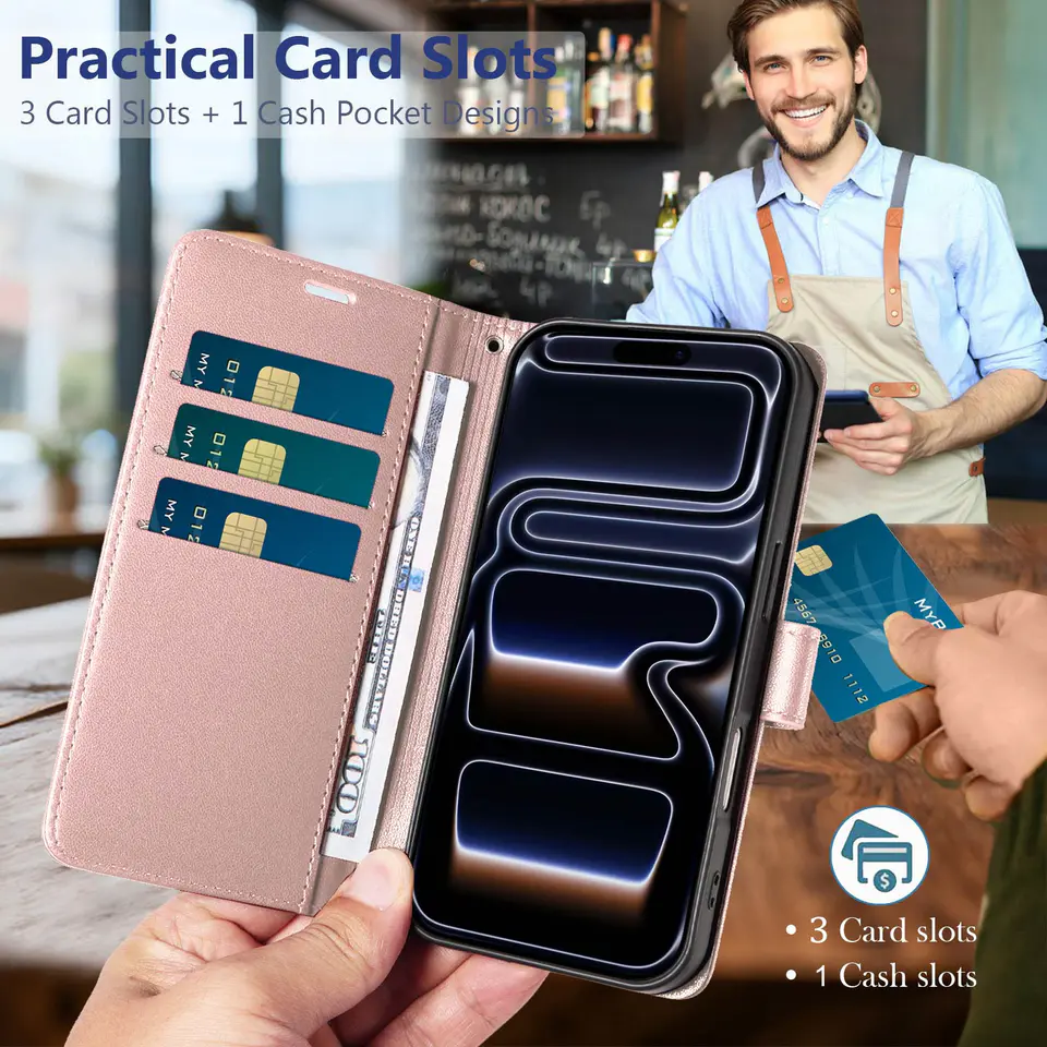 JHWVVTF Wallet Flip Case for iPhone 17 Pro, RFID-Blocking (Rose Gold), view 3