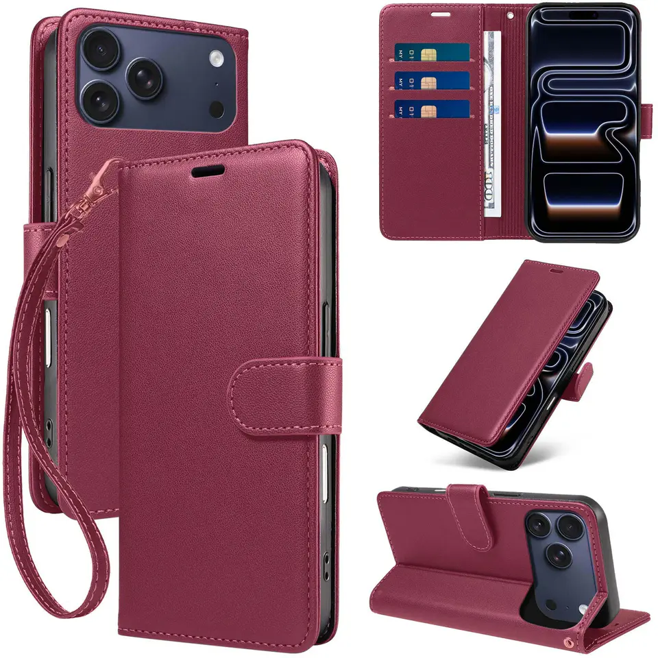 JHWVVTF Wallet Flip Case for iPhone 17 Pro, RFID-Blocking (Wine Red), view 1
