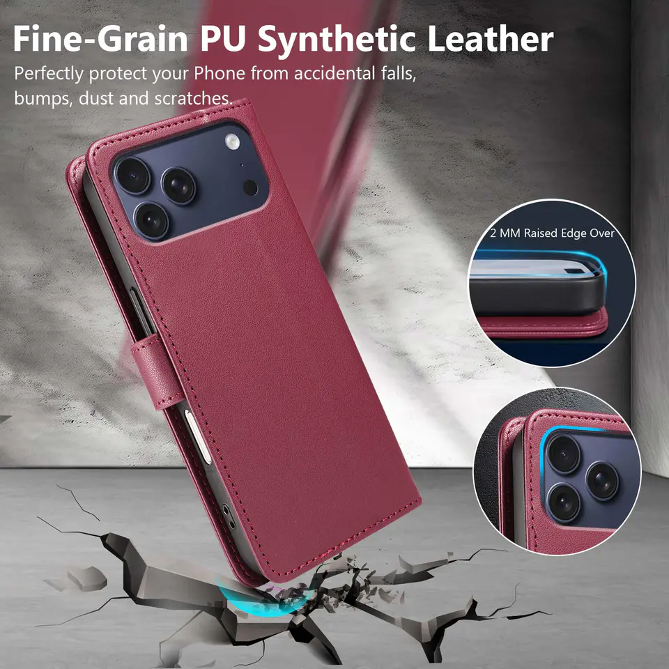 JHWVVTF Wallet Flip Case for iPhone 17 Pro, RFID-Blocking (Wine Red), view 6