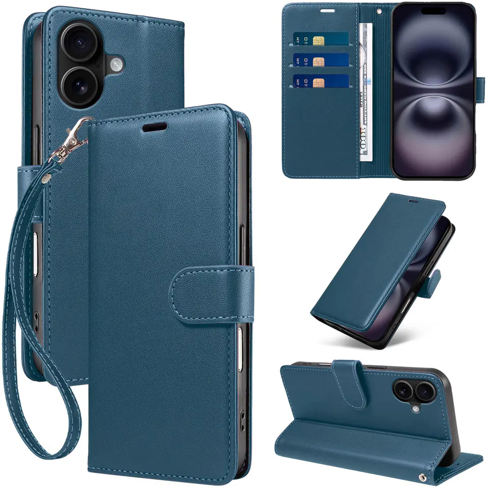 JHWVVTF Wallet Case for iPhone 16, RFID-Blocking, 3 Card Slots (Navy Blue), view 1