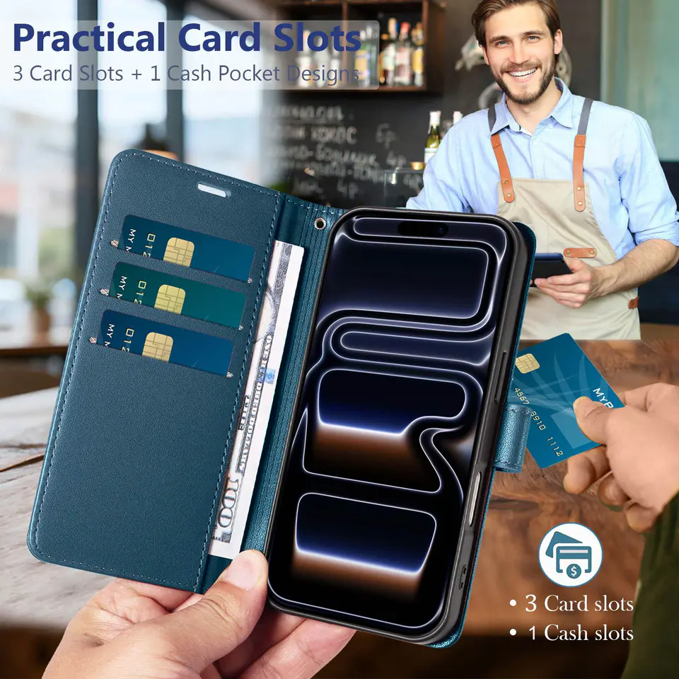 JHWVVTF Wallet Flip Case for iPhone 17 Pro, RFID-Blocking (Navy Blue), view 3