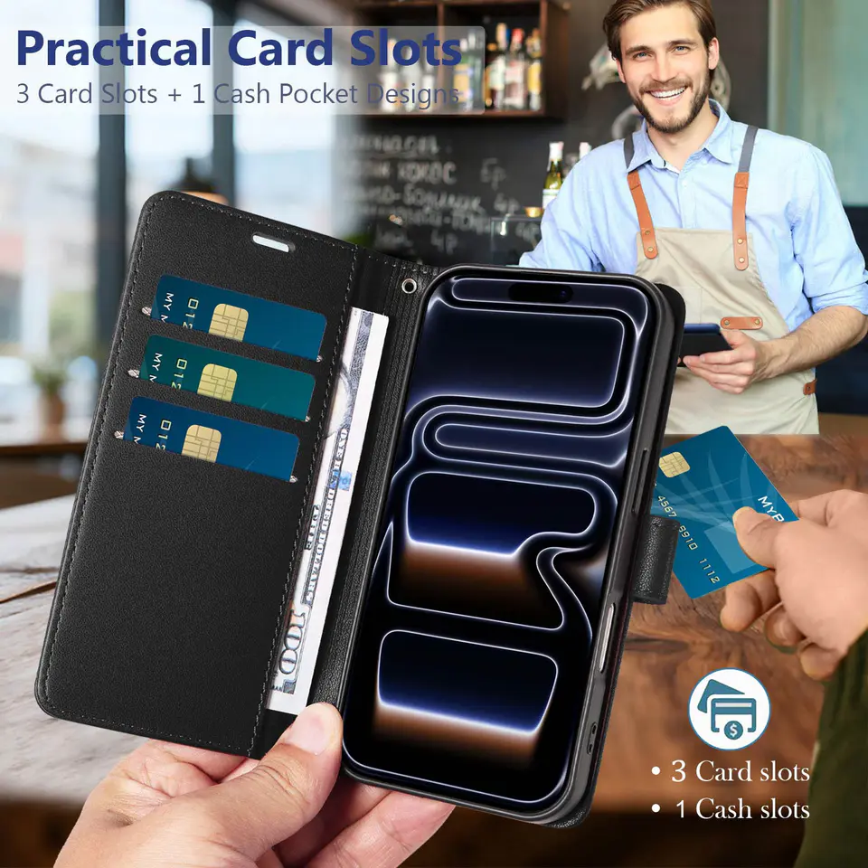 JHWVVTF Wallet Flip Case for iPhone 17 Pro, RFID-Blocking (Black), view 3