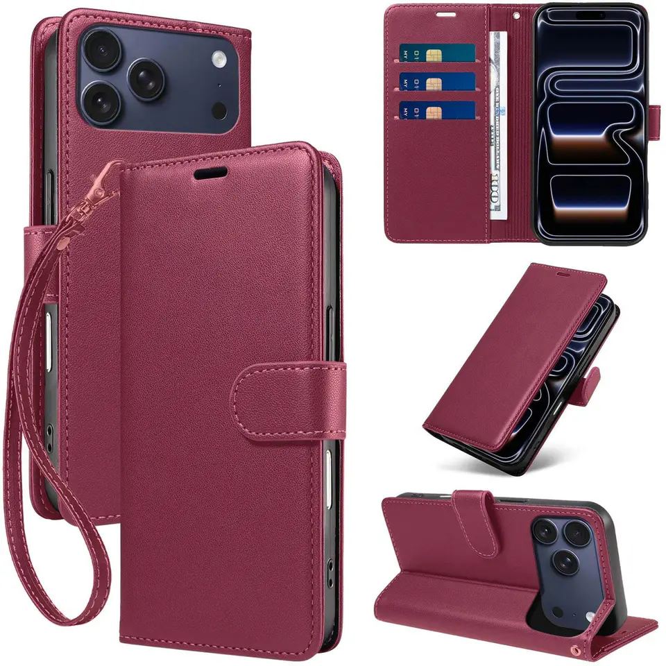 JHWVVTF Wallet Flip Case for iPhone 17 Pro Max, RFID-Blocking (Wine Red), view 1