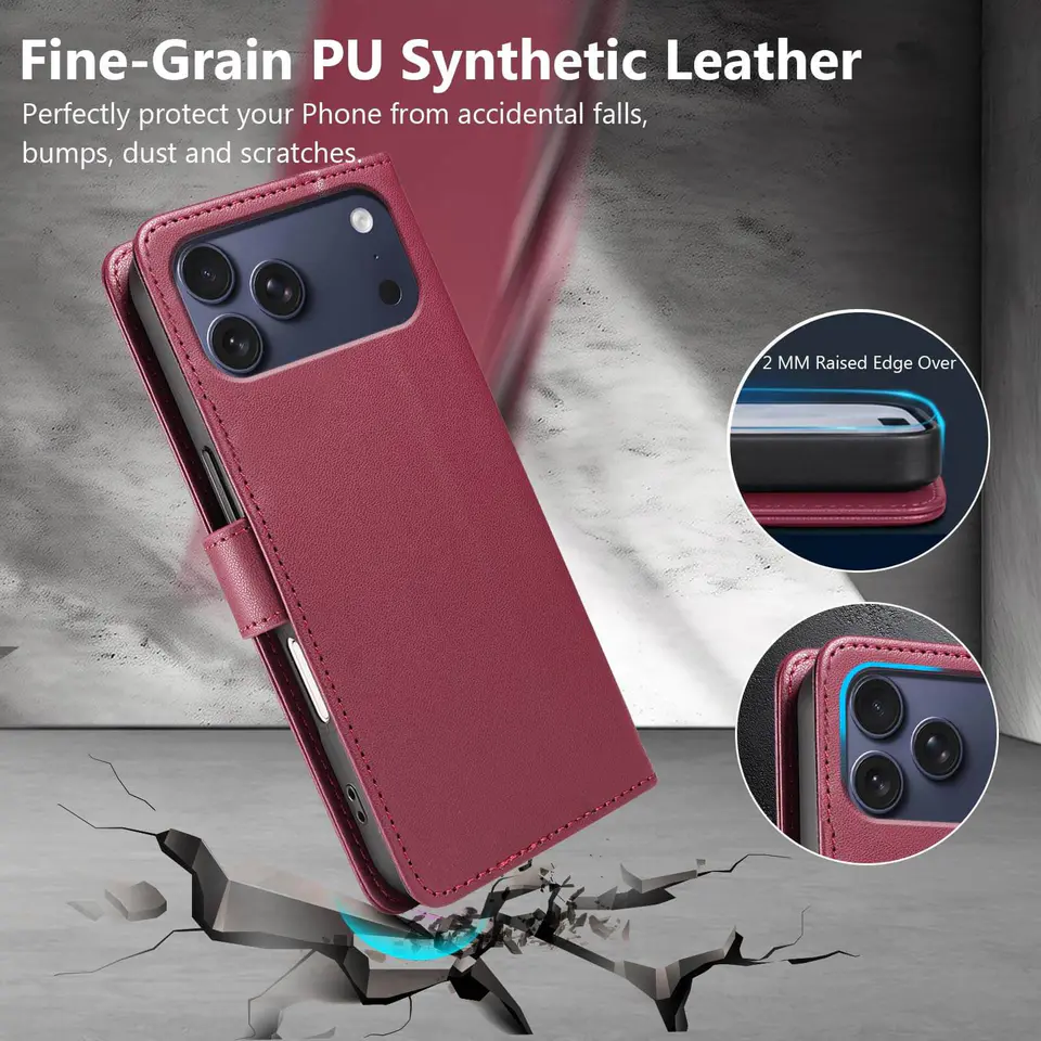 JHWVVTF Wallet Flip Case for iPhone 17 Pro Max, RFID-Blocking (Wine Red), view 6