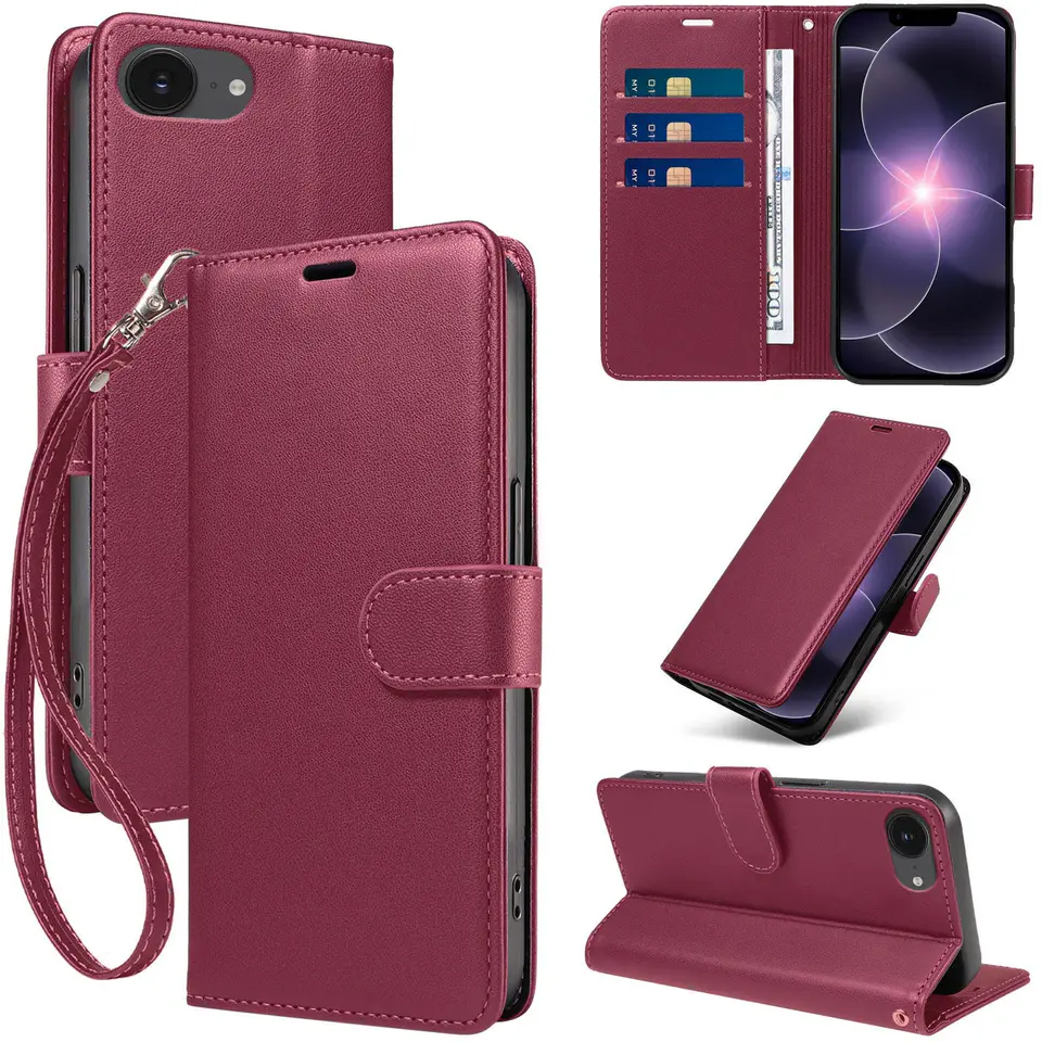 JHWVVTF Wallet Flip Case for iPhone 16E/17E, RFID-Blocking (Wine Red), view 1