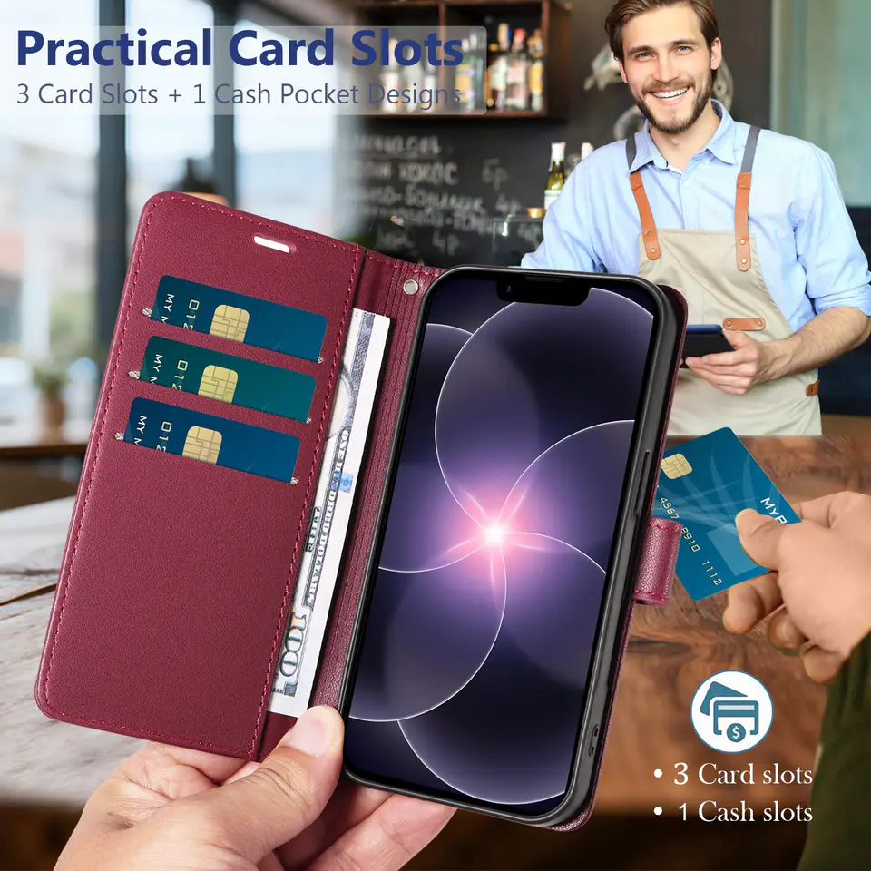 JHWVVTF Wallet Flip Case for iPhone 16E/17E, RFID-Blocking (Wine Red), view 3