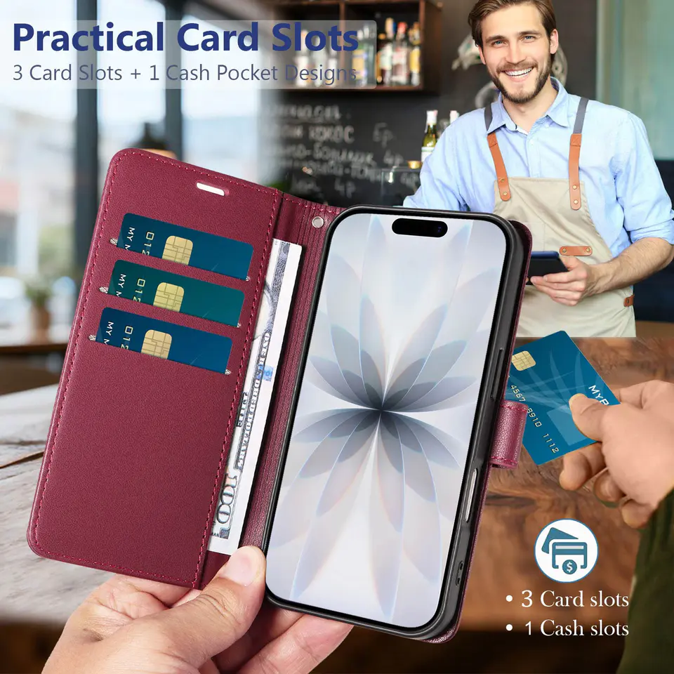 JHWVVTF Wallet Case for iPhone 17, RFID-Blocking, 3 Card Slots (Wine Red), view 3