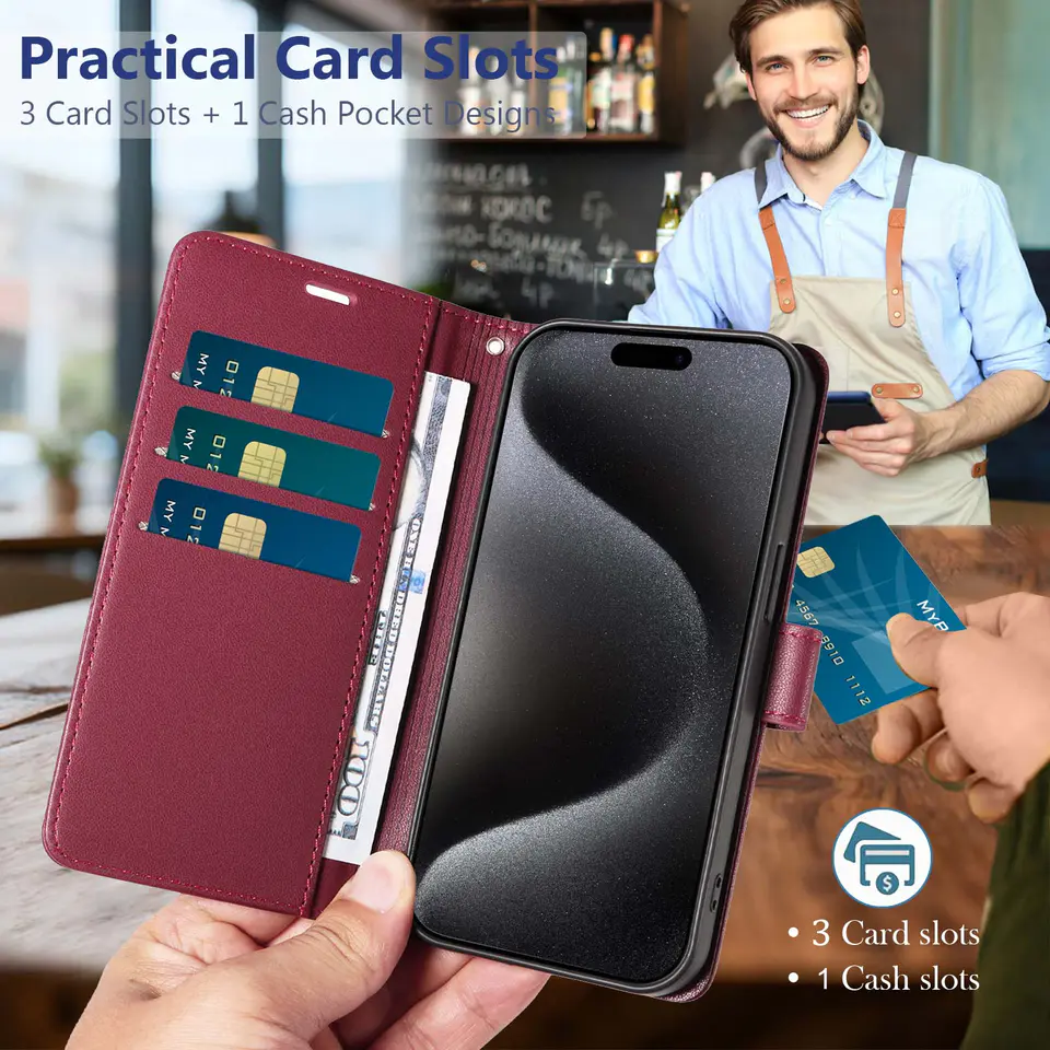 JHWVVTF Wallet Flip Case for iPhone 15 Pro Max, RFID-Blocking (Wine Red), view 3