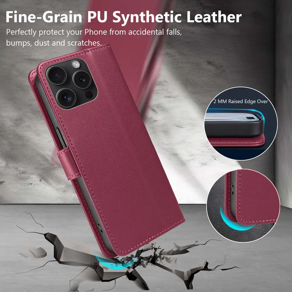 JHWVVTF Wallet Flip Case for iPhone 15 Pro Max, RFID-Blocking (Wine Red), view 6
