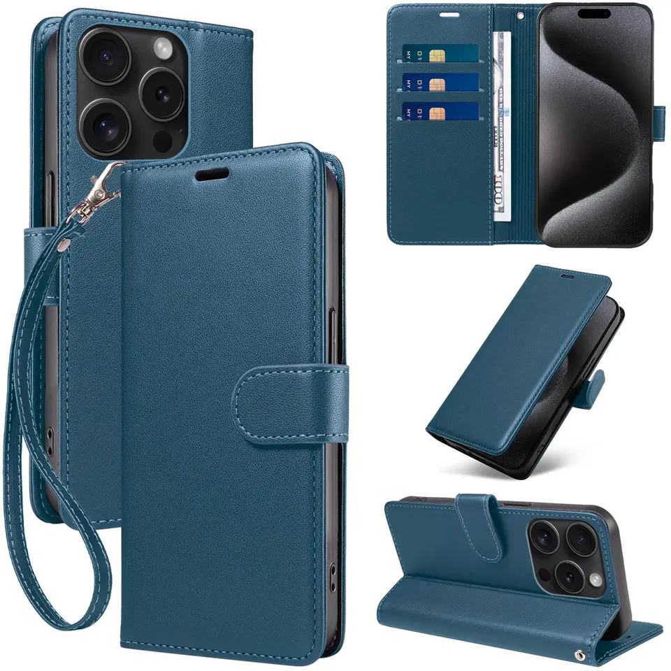 JHWVVTF Wallet Flip Case for iPhone 15 Pro Max, RFID-Blocking (Navy Blue), view 1