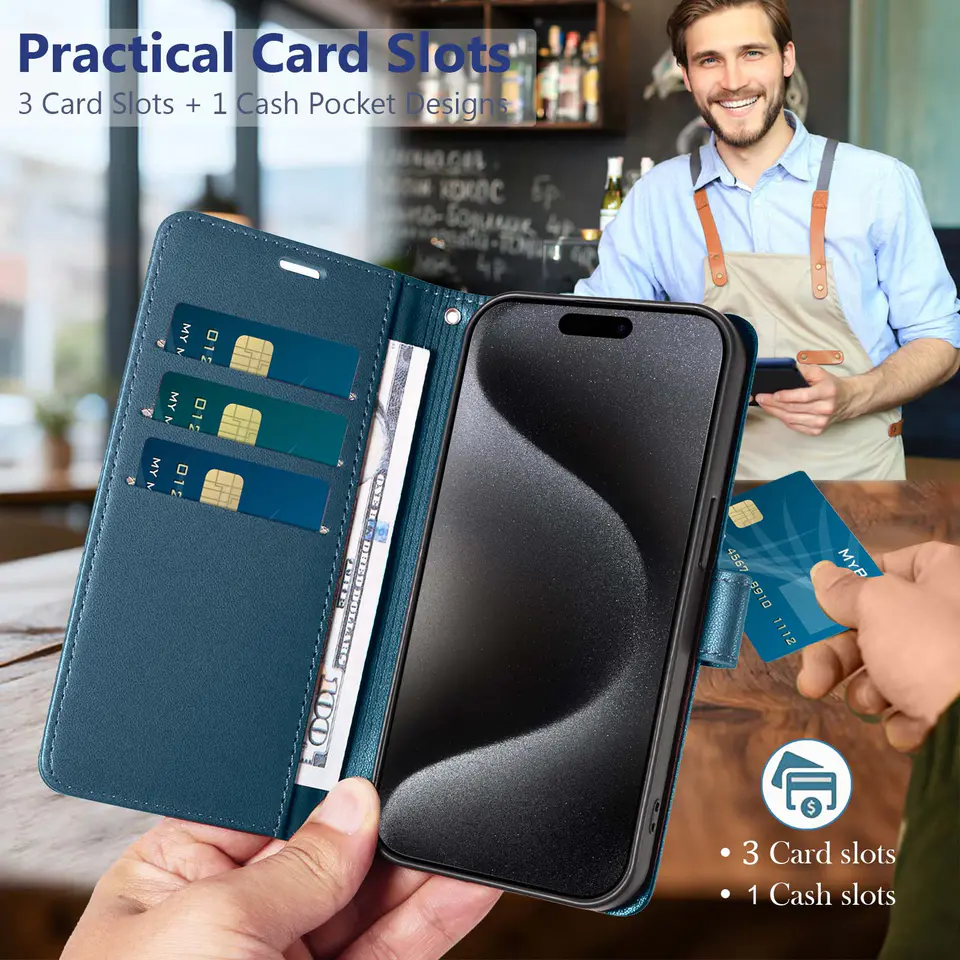 JHWVVTF Wallet Flip Case for iPhone 15 Pro Max, RFID-Blocking (Navy Blue), view 3