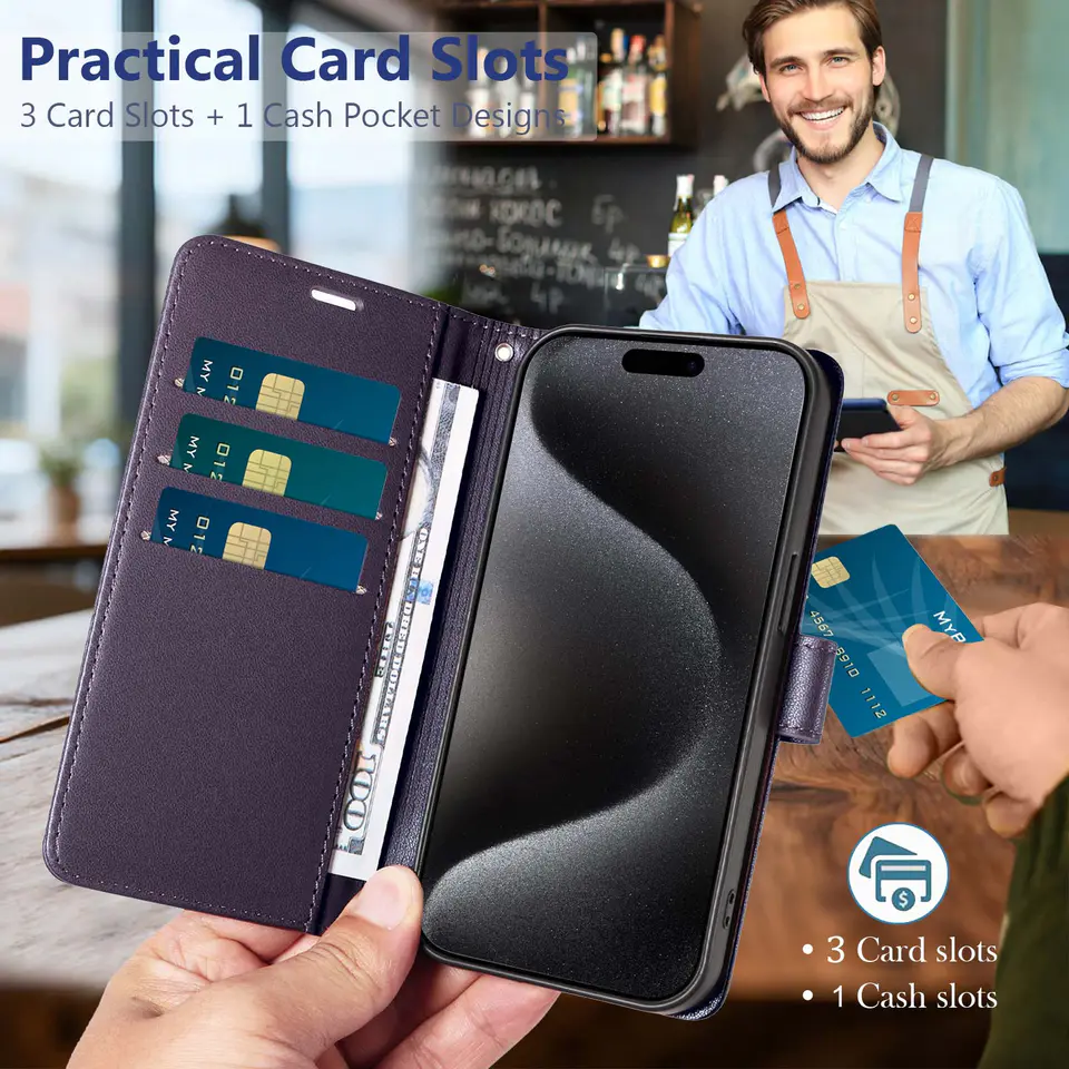JHWVVTF Wallet Flip Case for iPhone 15 Pro Max, RFID-Blocking (Purple), view 3