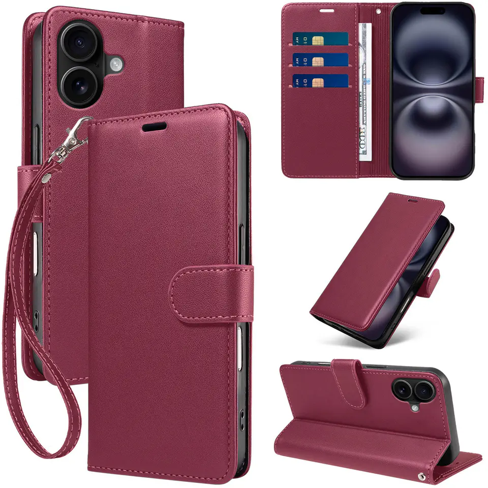 JHWVVTF Wallet Case for iPhone 16, RFID-Blocking, 3 Card Slots (Wine Red), view 1