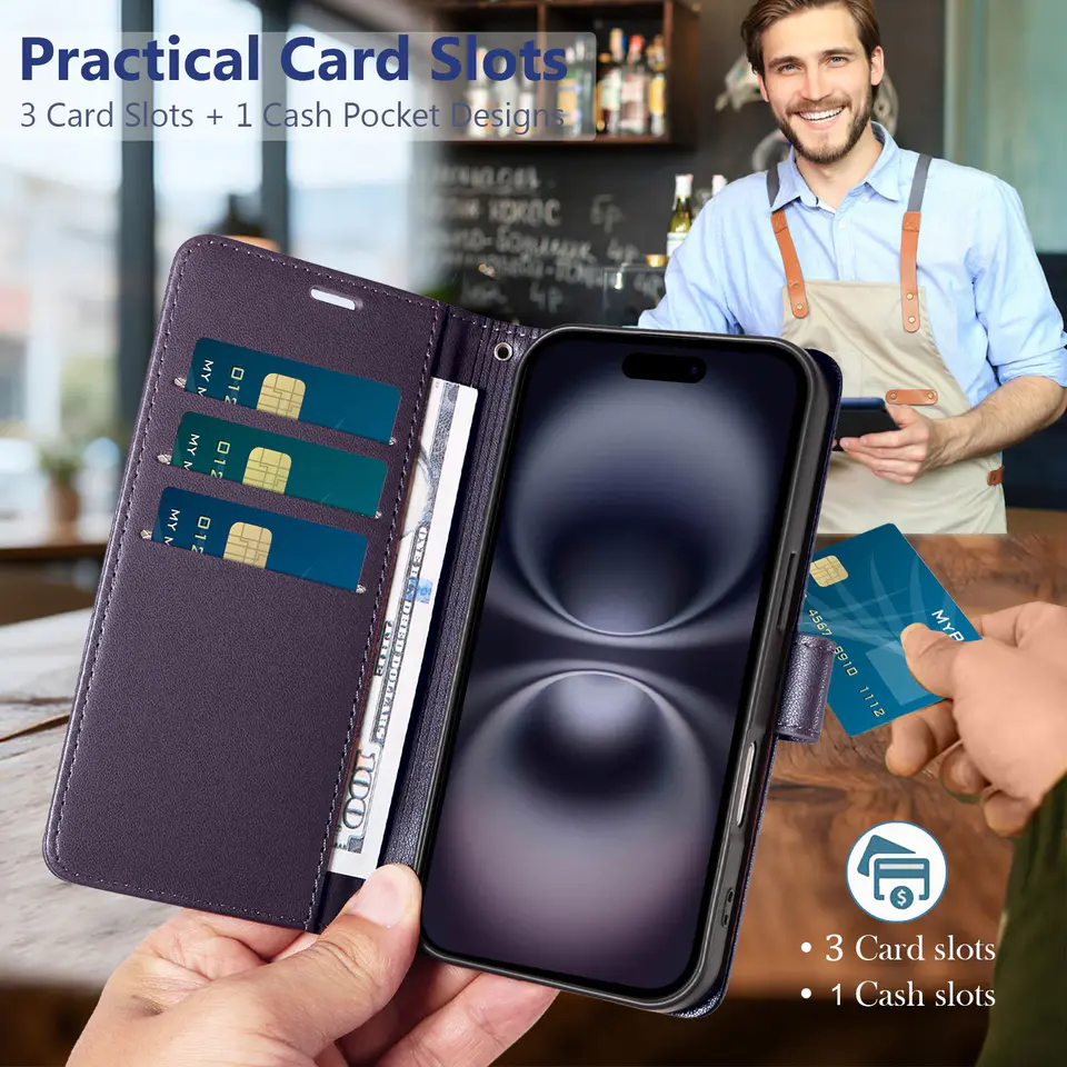 JHWVVTF Wallet Case for iPhone 16, RFID-Blocking, 3 Card Slots (Purple), view 3