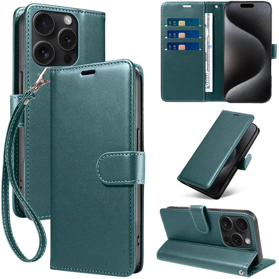 JHWVVTF Wallet Flip Case for iPhone 15 Pro Max, RFID-Blocking (Teal Green), view 1