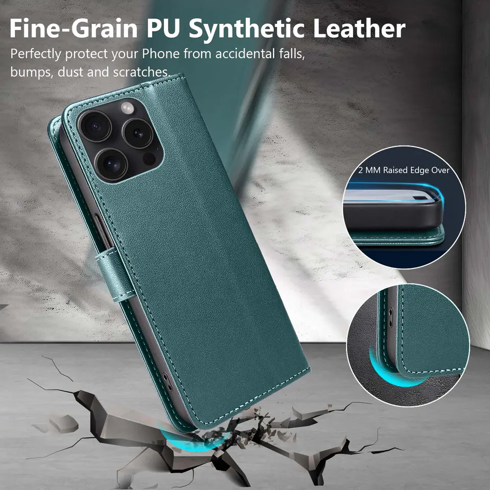 JHWVVTF Wallet Flip Case for iPhone 15 Pro Max, RFID-Blocking (Teal Green), view 6