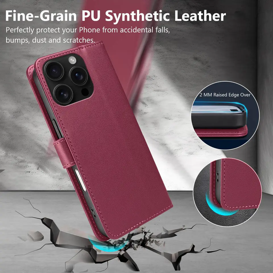 JHWVVTF Wallet Flip Case for iPhone 16 Pro Max, RFID-Blocking (Wine Red), view 6
