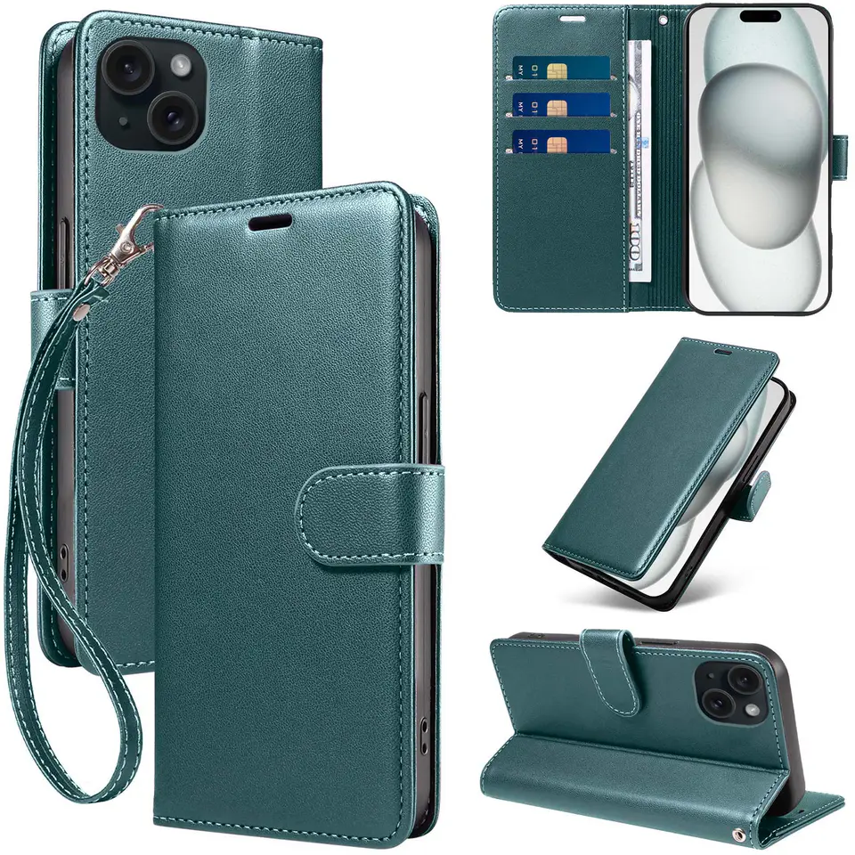 JHWVVTF Wallet Flip Case for iPhone 15 Plus, RFID-Blocking (Teal Green), view 1