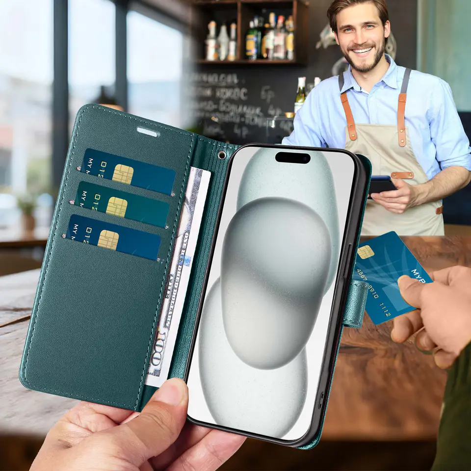 JHWVVTF Wallet Flip Case for iPhone 15 Plus, RFID-Blocking (Teal Green), view 3