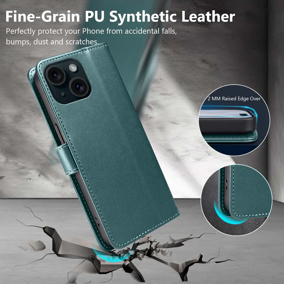 JHWVVTF Wallet Flip Case for iPhone 15 Plus, RFID-Blocking (Teal Green), view 6