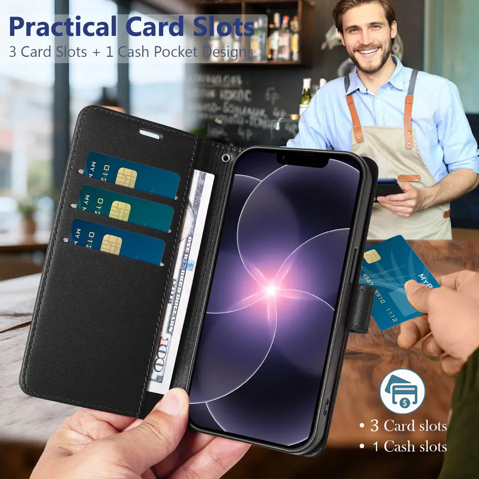 JHWVVTF Wallet Flip Case for iPhone 16E/17E, RFID-Blocking (Black), view 3