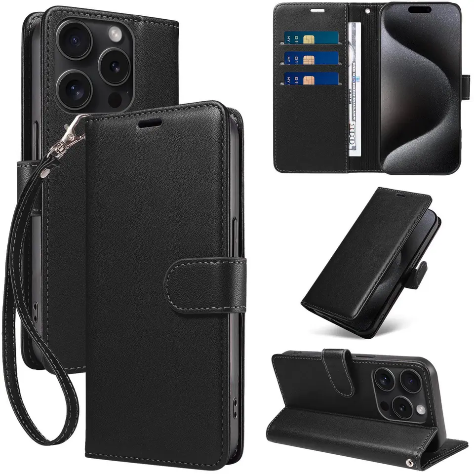JHWVVTF Wallet Flip Case for iPhone 15 Pro, RFID-Blocking (Black), view 1