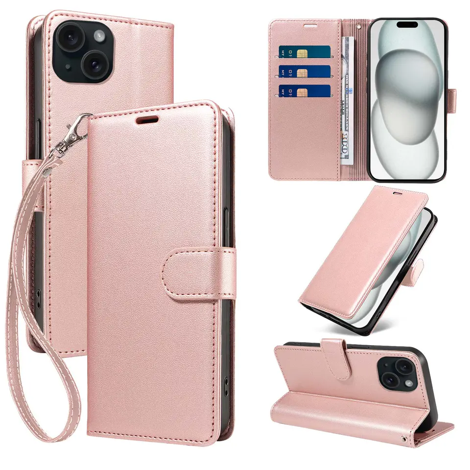 JHWVVTF Wallet Case for iPhone 15, RFID-Blocking, 3 Card Slots (Rose Gold), view 1