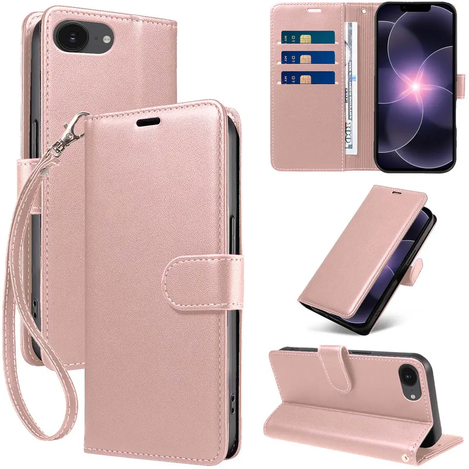 JHWVVTF Wallet Flip Case for iPhone 16E/17E, RFID-Blocking (Rose Gold), view 1
