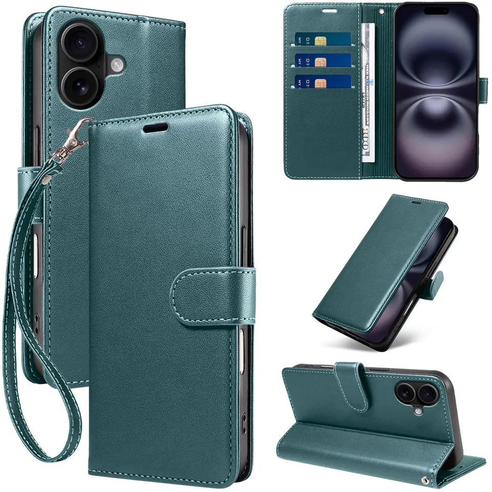 JHWVVTF Wallet Flip Case for iPhone 16 Plus, RFID-Blocking (Teal Green), view 1