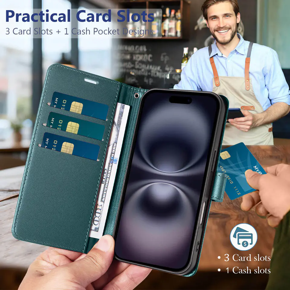 JHWVVTF Wallet Flip Case for iPhone 16 Plus, RFID-Blocking (Teal Green), view 3