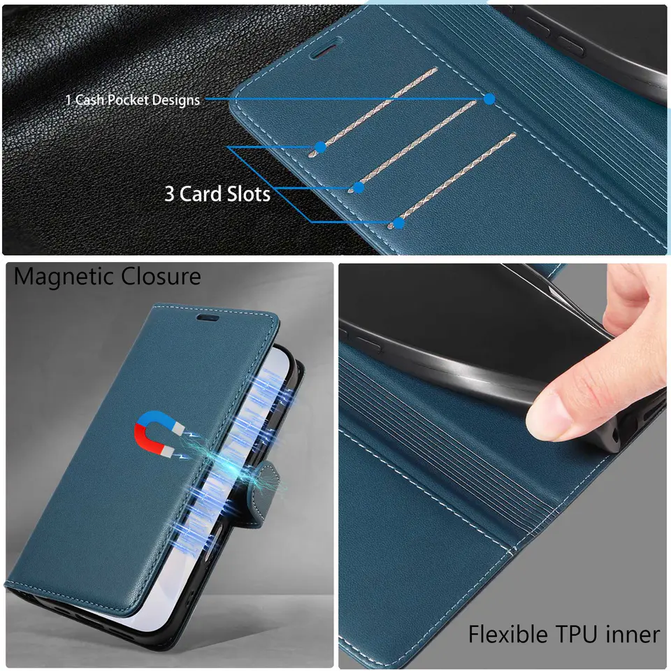 JHWVVTF Wallet Flip Case for iPhone 16 Pro, RFID-Blocking (Navy Blue), view 7