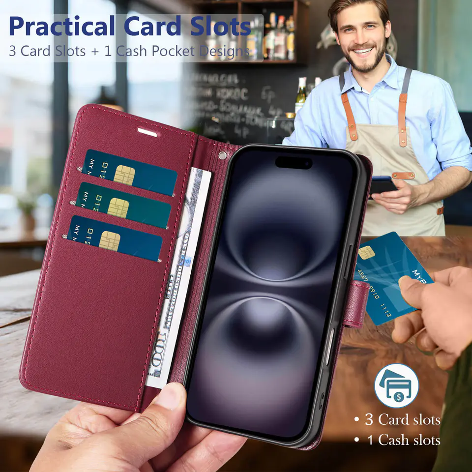 JHWVVTF Wallet Flip Case for iPhone 16 Plus, RFID-Blocking (Wine Red), view 3