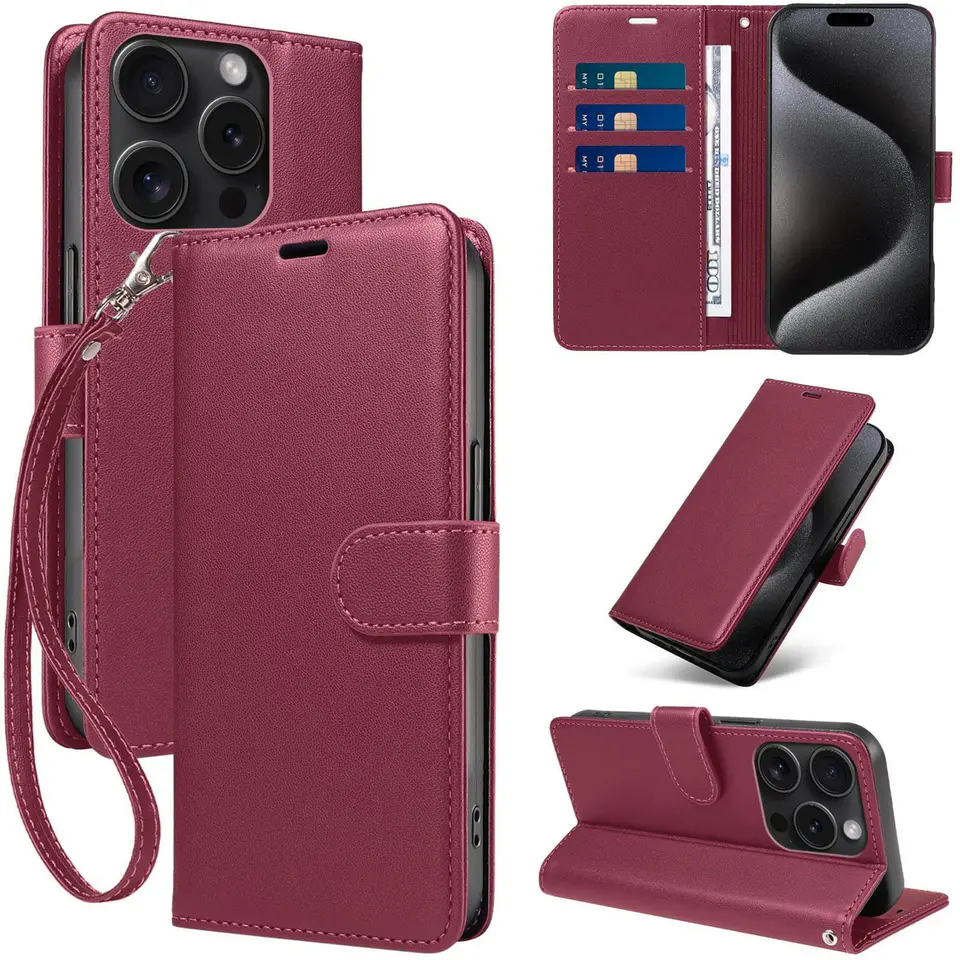JHWVVTF Wallet Flip Case for iPhone 15 Pro, RFID-Blocking (Wine Red), view 1