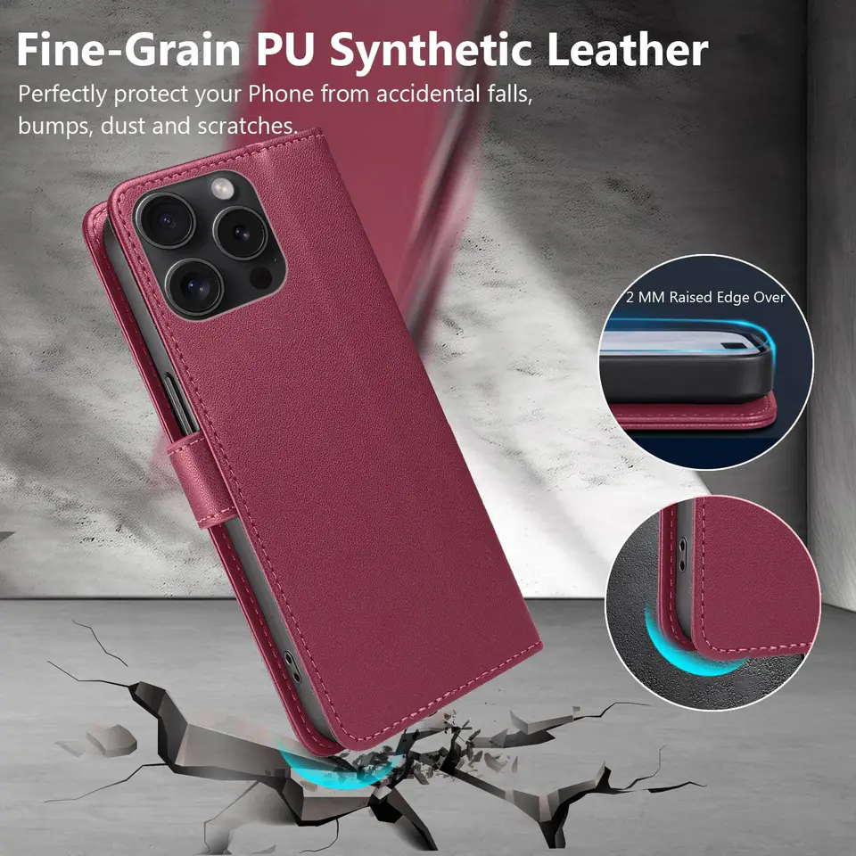 JHWVVTF Wallet Flip Case for iPhone 15 Pro, RFID-Blocking (Wine Red), view 6