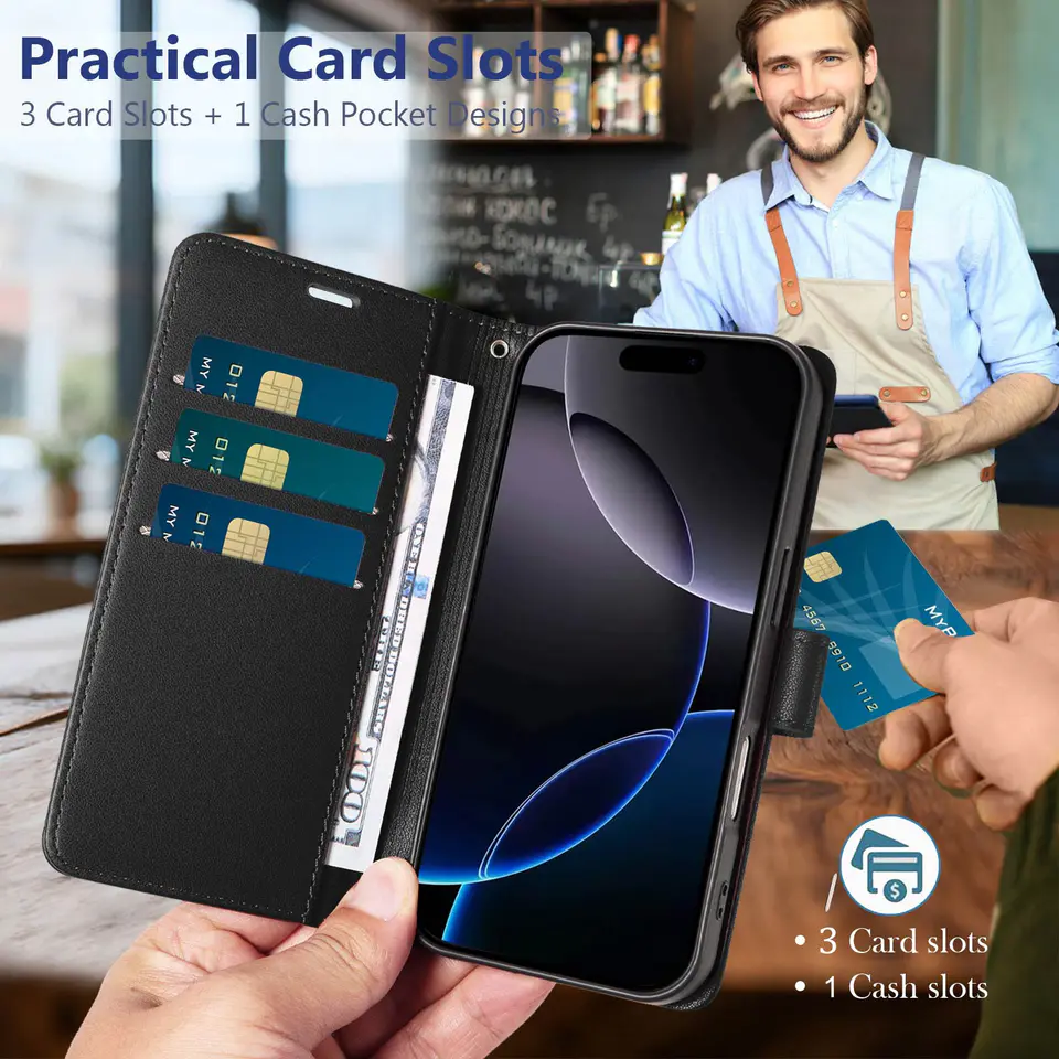 JHWVVTF Wallet Flip Case for iPhone 16 Pro, RFID-Blocking (Black), view 3