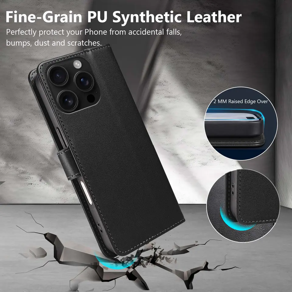 JHWVVTF Wallet Flip Case for iPhone 16 Pro, RFID-Blocking (Black), view 6