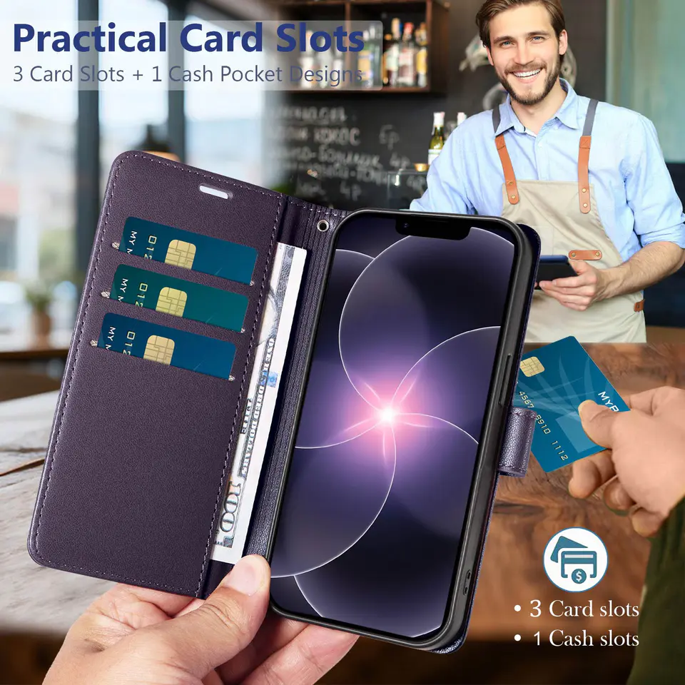 JHWVVTF Wallet Flip Case for iPhone 16E/17E, RFID-Blocking (Purple), view 3