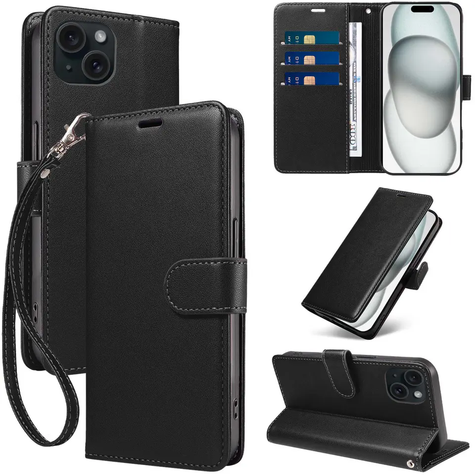 JHWVVTF Wallet Case for iPhone 15, RFID-Blocking, 3 Card Slots (Black), view 1