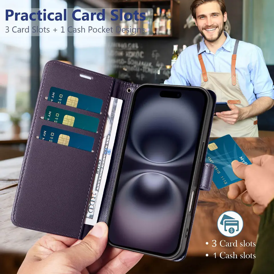 JHWVVTF Wallet Flip Case for iPhone 16 Plus, RFID-Blocking (Purple), view 3