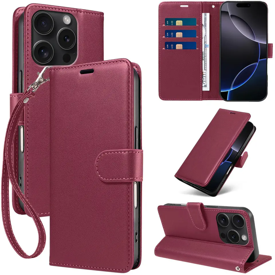 JHWVVTF Wallet Flip Case for iPhone 16 Pro, RFID-Blocking (Wine Red), view 1