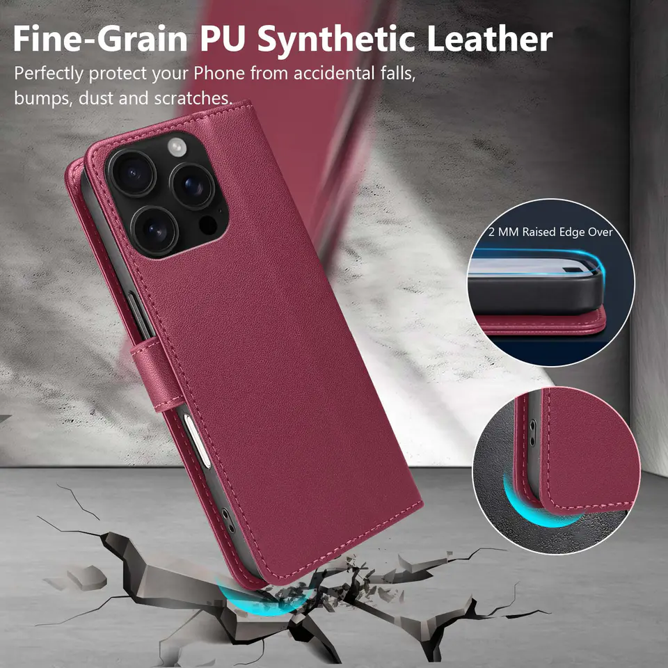 JHWVVTF Wallet Flip Case for iPhone 16 Pro, RFID-Blocking (Wine Red), view 6