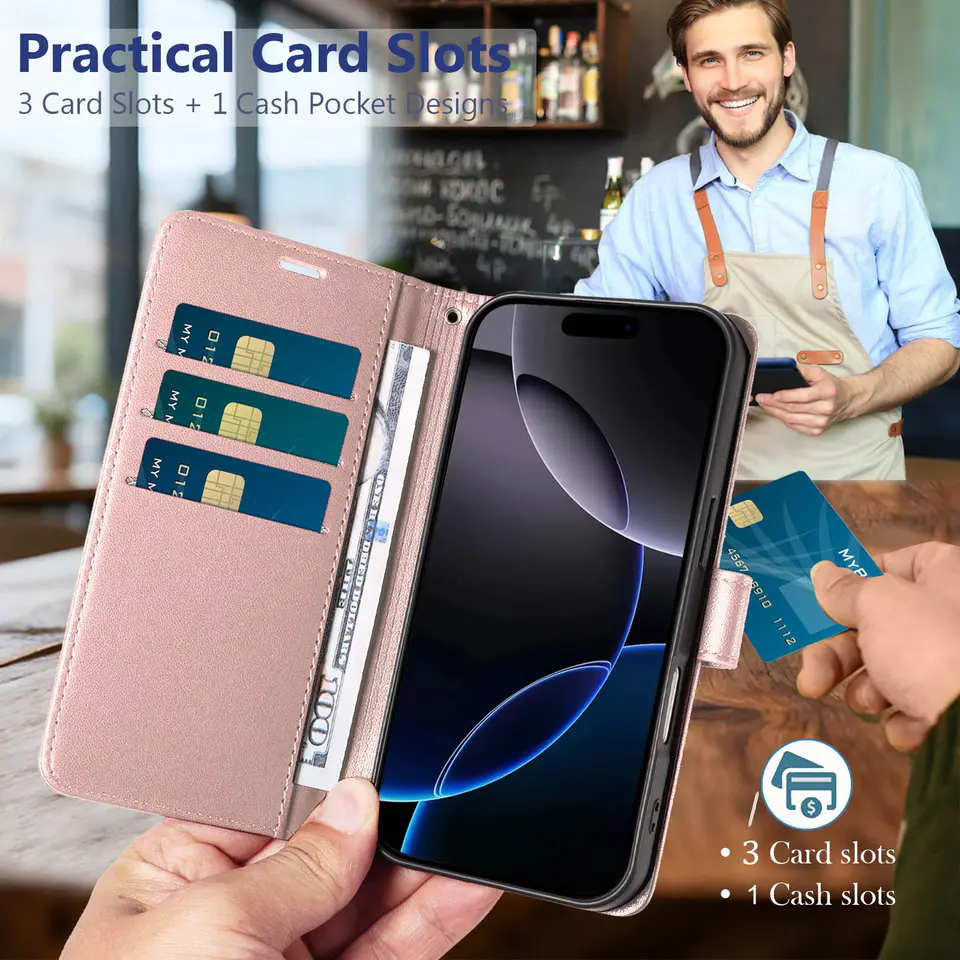 JHWVVTF Wallet Flip Case for iPhone 16 Pro, RFID-Blocking (Rose Gold), view 3