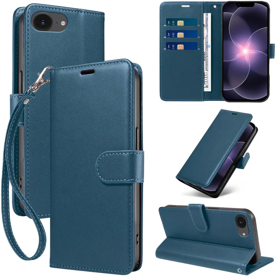 JHWVVTF Wallet Flip Case for iPhone 16E/17E, RFID-Blocking (Navy Blue), view 1
