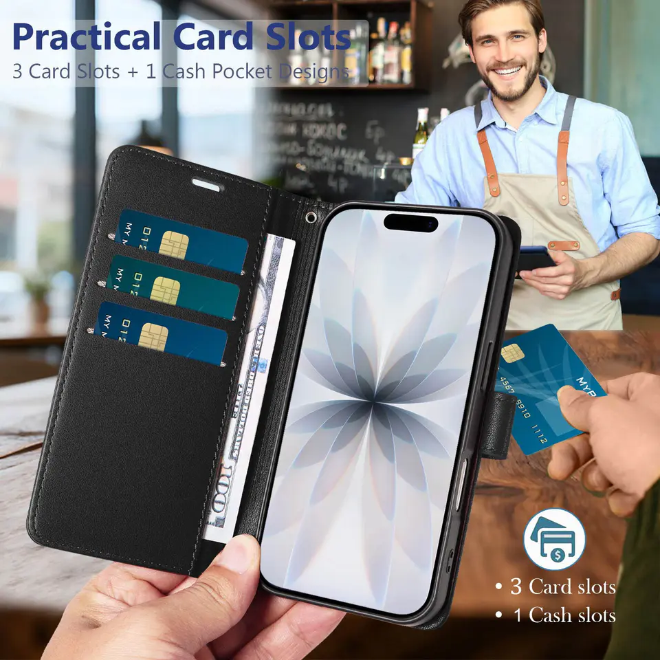 JHWVVTF Wallet Case for iPhone 17, RFID-Blocking, 3 Card Slots (Black), view 3
